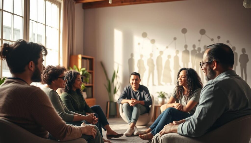A warm, inviting room with people engaged in thoughtful discussion, their faces expressing empathy and understanding. The scene is illuminated by soft, natural lighting filtering through large windows, casting a gentle glow on the participants. In the foreground, a group of diverse individuals sit in a circle, their body language open and attentive, as they listen intently to one another. In the middle ground, a bookshelf and potted plants add a sense of calm and reflection. The background features a subtle, abstract mural depicting a network of interconnected human silhouettes, symbolizing the power of social connection and emotional intelligence.