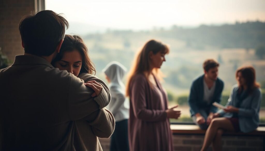 A warm, inviting scene depicting the everyday manifestations of compassion and empathy. In the foreground, a person tenderly embraces another, their expressions conveying profound understanding and care. The middle ground features individuals engaged in thoughtful conversation, their body language reflecting an attentive, supportive dynamic. In the background, a serene landscape with soft, diffused lighting sets a contemplative mood, symbolizing the tranquility that compassion can bring to our daily lives. The overall atmosphere is one of genuine human connection, where small acts of kindness and concern for others' wellbeing are woven into the fabric of everyday experience.