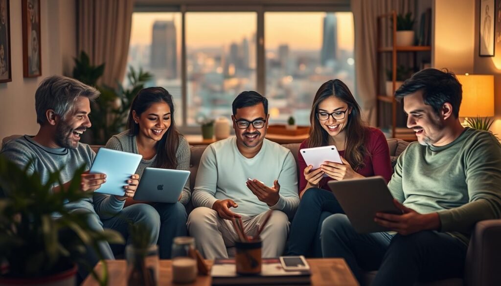 A warm, inviting scene depicting users' experiences with learning English via Cambly. In the foreground, a diverse group of people engaged in lively online discussions, their faces lit by the soft glow of their devices. The middle ground showcases a cozy, home-like setting, with a comfortable couch, houseplants, and personal mementos. The background features a blurred cityscape, hinting at the global reach of Cambly's online lessons. The lighting is natural, with a golden hour ambiance, creating an atmosphere of relaxation and productivity. The angle is slightly elevated, giving a sense of inclusive observation. The overall mood is one of shared learning, cultural exchange, and personal growth.