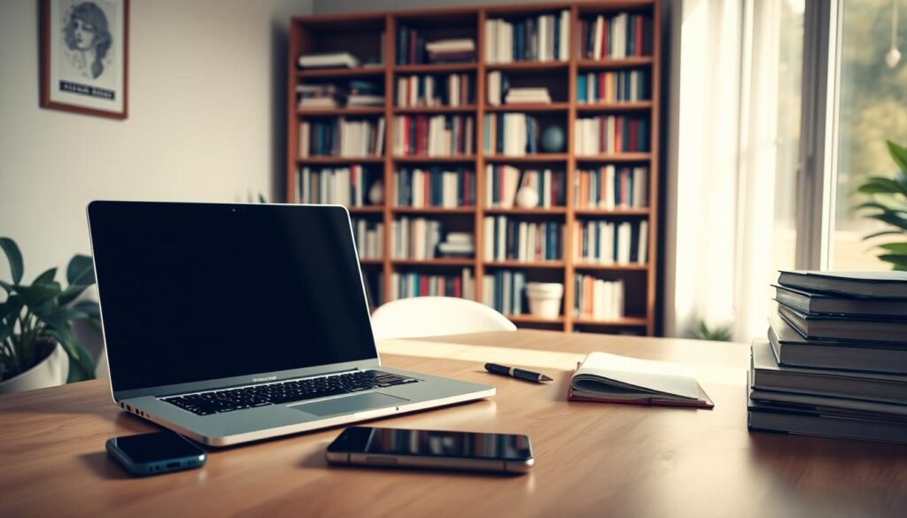 A warm, inviting workspace with a well-organized desk featuring an open laptop, a smartphone, and a stack of notebooks. Soft, diffused lighting emanates from a large window, casting a gentle glow on the scene. In the background, a bookshelf filled with language-learning materials and resources creates a sense of purposeful study. The overall atmosphere conveys a cost-effective, efficient, and productive language learning experience.