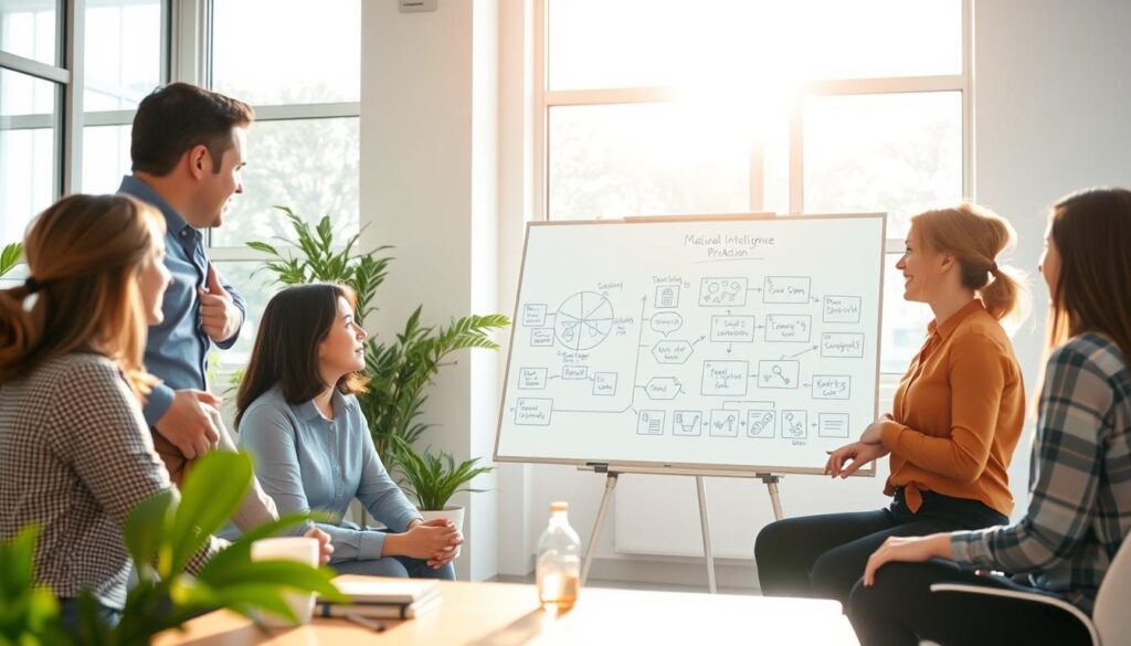 A warm, sun-lit office setting with a team of colleagues collaborating and demonstrating emotional intelligence in action. The foreground features a group of coworkers engaged in a lively discussion, their body language and facial expressions conveying empathy, active listening, and effective communication. The middle ground showcases a digital whiteboard with visual aids and notes, illustrating the practical application of emotional intelligence principles. The background depicts a minimalist, yet modern workspace, with large windows allowing natural light to fill the room, creating a relaxed and productive atmosphere.