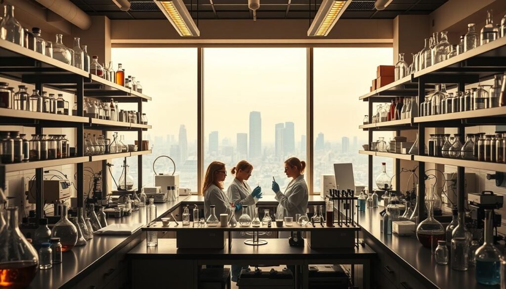A well-equipped science laboratory with an array of glassware, beakers, and test tubes arranged neatly on sleek metal shelves. Soft, diffused lighting creates a warm, inviting atmosphere, highlighting the intricate details of the scientific instruments. In the center, a group of researchers in white lab coats and safety goggles carefully conduct a series of experiments, their faces filled with curiosity and concentration. The background features a large, panoramic window overlooking a cityscape, suggesting a modern, state-of-the-art facility. The overall scene conveys a sense of scientific inquiry, exploration, and the pursuit of knowledge.