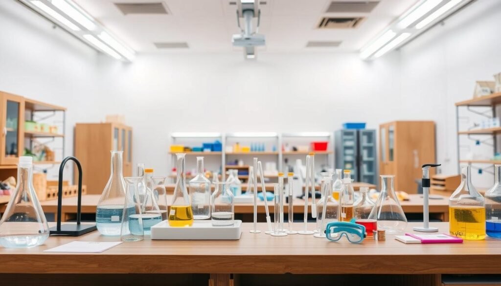 A well-lit and organized laboratory setting with a variety of safe chemical experiment equipment, including beakers, test tubes, pipettes, and safety goggles. The equipment is arranged on clean, sturdy wooden workbenches against a backdrop of white walls and bright overhead lighting. The scene conveys a sense of scientific exploration and discovery, with a focus on safety and proper handling of chemicals. The overall atmosphere is inviting and engaging, suitable for an educational context.
