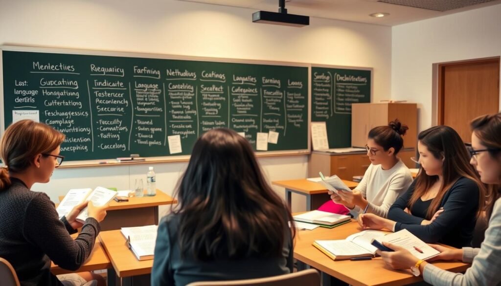 A well-lit classroom setting, with a chalkboard or whiteboard in the background displaying various language learning methodologies and techniques. In the foreground, several students are engaged in interactive group discussions, using flashcards, language dictionaries, and other learning materials. The lighting is warm and inviting, creating a sense of productivity and intellectual stimulation. The angle is slightly elevated, providing a panoramic view of the classroom and the students' collaborative efforts. The overall atmosphere conveys a dynamic and effective language learning environment.
