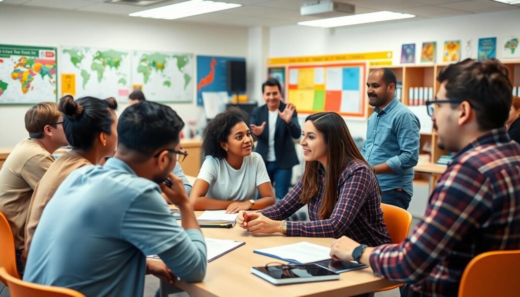 A well-lit classroom setting with focused students engaged in lively English lessons, guided by experienced, enthusiastic teachers. The foreground depicts a group of diverse learners, sitting around a table, eagerly participating in interactive exercises. The middle ground features the instructor, gesturing animatedly, facilitating discussions and providing personalized feedback. The background showcases a colorful, visually stimulating learning environment, with educational posters, maps, and language-learning resources lining the walls. The overall scene conveys a sense of collaborative learning, intellectual curiosity, and the joy of mastering a new language under the tutelage of specialized educators.