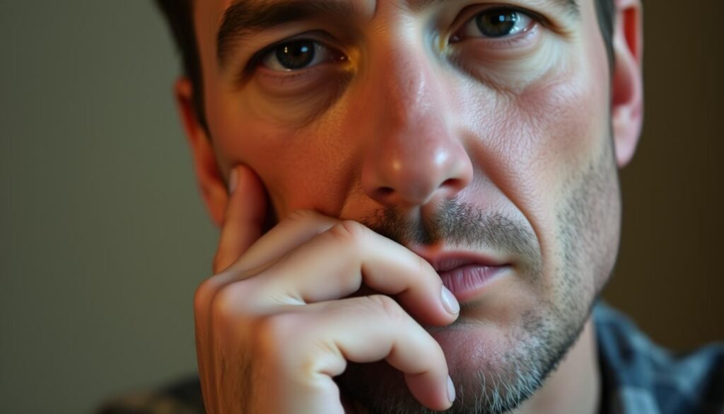 A well-lit close-up shot of a man's face, with his hand gently resting on his chin in a contemplative gesture. The lighting is soft and natural, highlighting the contours of his face and the subtle expressions that convey introspection and thoughtfulness. The background is slightly blurred, placing the focus squarely on the man's facial features and the gesture of his hand, creating a sense of intimacy and concentration. The overall mood is one of quiet contemplation, inviting the viewer to interpret the meaning behind the man's pensive expression and the touch of his hand on his face.
