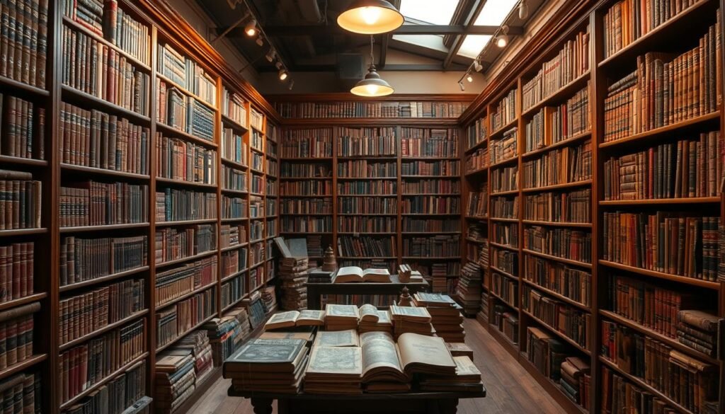A well-lit, cozy used and rare bookshop interior. Rows of wooden bookshelves line the walls, filled with a diverse collection of antique volumes. Soft lighting casts a warm glow, highlighting the worn leather spines and aged pages. A central table displays a selection of rare books, their covers adorned with intricate designs. The space has a sense of history and discovery, inviting the viewer to browse and uncover hidden literary gems. The atmosphere is calm and contemplative, reflecting the tranquility of a space dedicated to the preservation and appreciation of the written word.