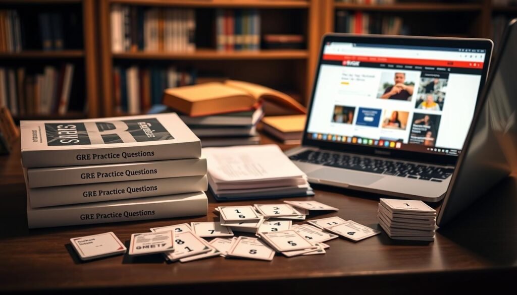 A well-lit desk scene with a stack of GRE practice books, scattered flashcards, and a laptop displaying a GRE prep website. The books have "GRE Practice Questions" printed on their covers. The desk is made of dark wood and is in a warm, cozy study setting with bookshelves in the background. Soft, directional lighting casts shadows and highlights the study materials, creating a contemplative, focused atmosphere. The overall composition conveys a sense of diligent GRE preparation.