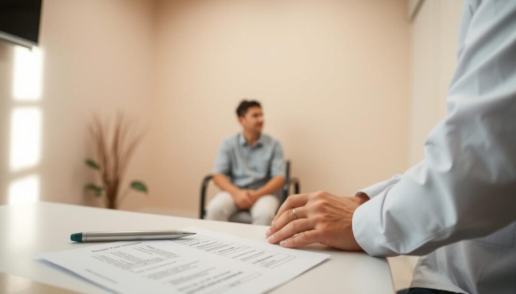 A well-lit examination room with a clean, professional atmosphere. In the foreground, a doctor's desk with a diagnostic report and a pen resting on it, conveying the process of assessment and diagnosis. In the middle ground, a patient sitting calmly, facing the doctor, their body language and facial expression reflecting the thoughtful, introspective nature of the interaction. The background features calming, neutral-toned walls, suggesting a secure and confidential environment conducive to open dialogue. The lighting is soft and natural, creating a sense of warmth and empathy. The overall scene captures the thoughtful, collaborative nature of a mental health diagnosis, with the doctor and patient working together to understand the individual's challenges.