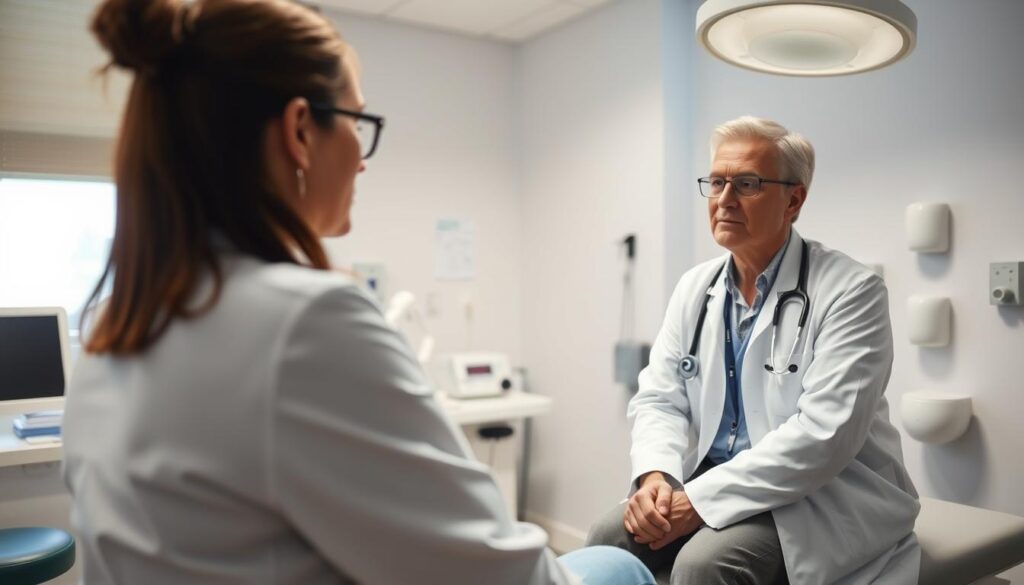 A well-lit examination room with a doctor's desk and medical equipment in the background. In the foreground, a concerned patient sits on an examination table, having a focused discussion with their physician. The doctor's expression conveys care and attention as they review the patient's symptoms. The scene captures the essential interaction between a patient seeking medical attention and a healthcare professional providing guidance, reflecting the need to visit a doctor for persistent or concerning health issues.