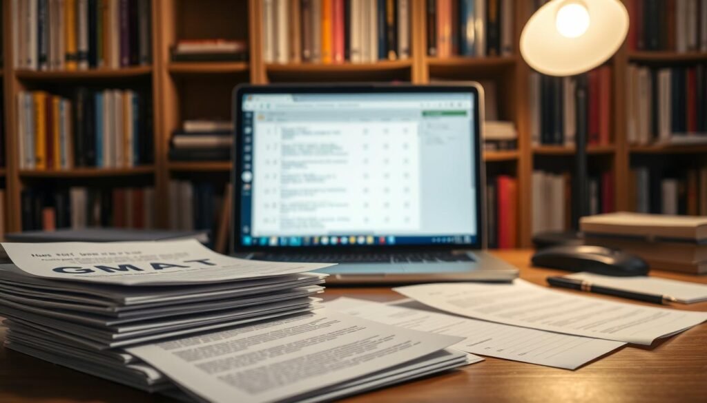 A well-lit, meticulously designed desktop scene showcasing a variety of GMAT practice questions. In the foreground, a stack of crisp, white papers with GMAT-themed content laid out neatly. In the middle ground, a laptop screen displaying a digital GMAT test interface, with a range of question types and difficulty levels. The background features a bookshelf filled with GMAT preparation guides and resources, conveying a scholarly atmosphere. Soft, directional lighting casts a warm, focused glow on the scene, creating a sense of productivity and diligence. The overall composition suggests a dedicated, organized approach to GMAT preparation.
