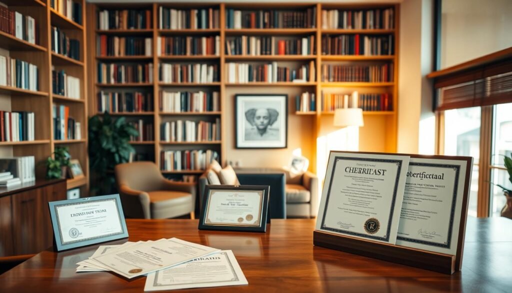 A well-lit, professional office setting with a large, wooden desk in the foreground. On the desk, various credentials and certificates are neatly arranged, showcasing the therapist's qualifications, such as a doctorate degree, licenses, and specialized training. In the middle ground, a comfortable armchair and couch create an inviting therapeutic environment. The background features floor-to-ceiling bookshelves, creating a sense of intellectual depth and expertise. The lighting is warm and soft, conveying a sense of calm and reassurance. The overall scene exudes an atmosphere of professionalism, expertise, and a commitment to providing high-quality mental health services.
