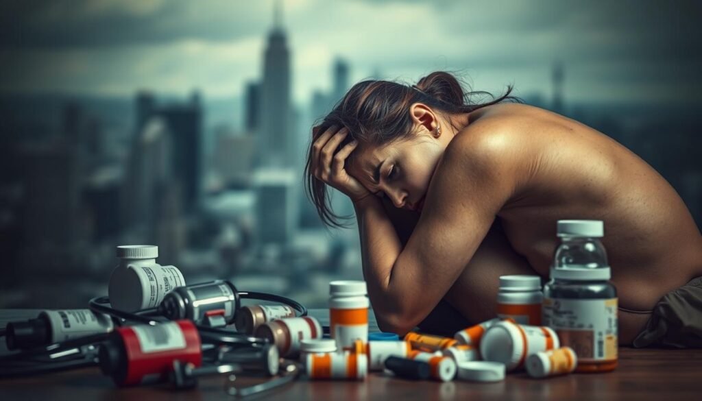 A woman curled up in a fetal position, her body visibly strained and her face expressing deep anxiety and distress. In the middle ground, an array of medical equipment and prescriptions, representing the physical and mental toll of stress. In the background, a blurred cityscape, conveying the sense of overwhelming pressure and external demands. The lighting is moody and subdued, casting dramatic shadows that emphasize the subject's anguish. The scene is captured with a medium close-up lens, drawing the viewer's attention to the woman's emotional state and the physical manifestations of her inner turmoil.