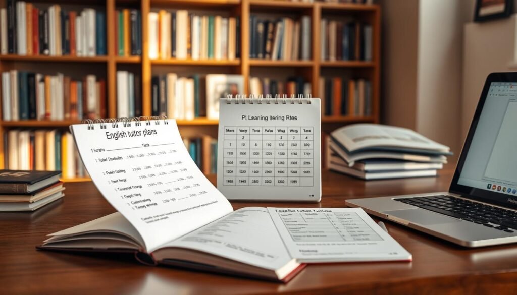 Affordable English tutoring plans: A warm-lit study with an inviting desk, laptop, and open notebook showcasing various pricing options and lesson packages. In the middle ground, a calendar and hourly rate charts provide clear details on flexible schedules and competitive hourly rates. The background features a bookshelf filled with language learning resources, creating an atmosphere of educational support and accessibility. The lighting is soft and natural, conveying a sense of focus and productivity. The overall composition emphasizes the affordability, convenience, and comprehensive nature of the tutoring services on offer.
