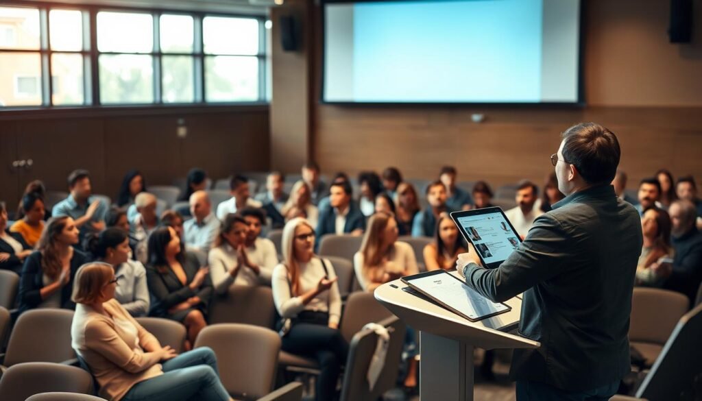 An advanced education seminar in a modern lecture hall, with rows of comfortable seats and a large projection screen at the front. The space is filled with natural light from large windows, casting a warm glow over the attendees. A diverse group of professionals are engaged in discussion, gesturing animatedly as they exchange ideas. In the foreground, a confident speaker stands at a sleek podium, using a tablet to present detailed visuals. The overall atmosphere exudes a sense of intellectual curiosity and professional development.