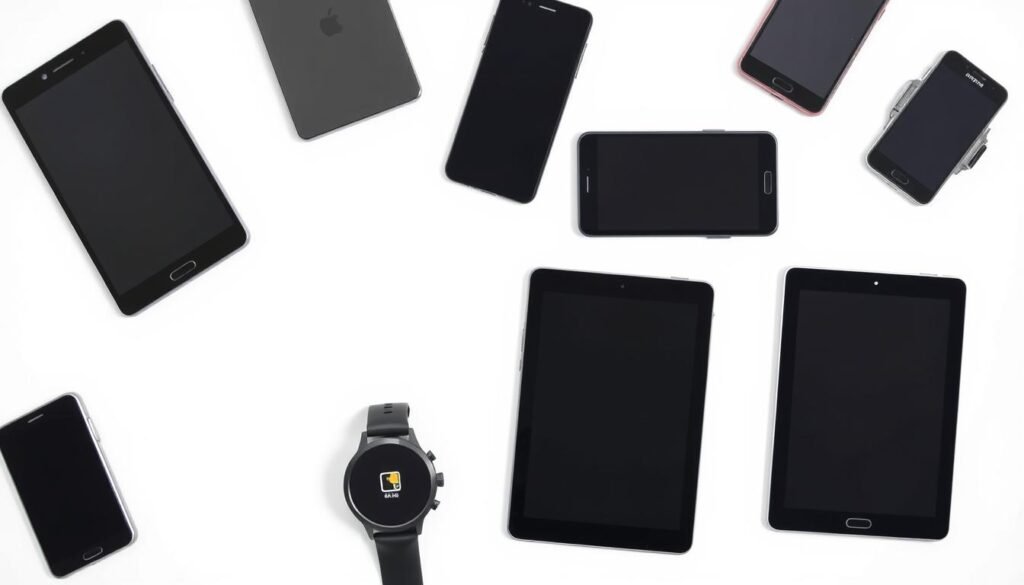 An assortment of modern smartphones, tablets, and smartwatches, arranged in a sleek, minimalist composition against a pristine white background. The devices are showcased in a manner that highlights their eSIM compatibility, with clean lines, subtle shadows, and soft, directional lighting that emphasizes their elegant design. The overall mood is one of technological sophistication and seamless connectivity, reflecting the "Device Compatibility and Setup" section of the article.