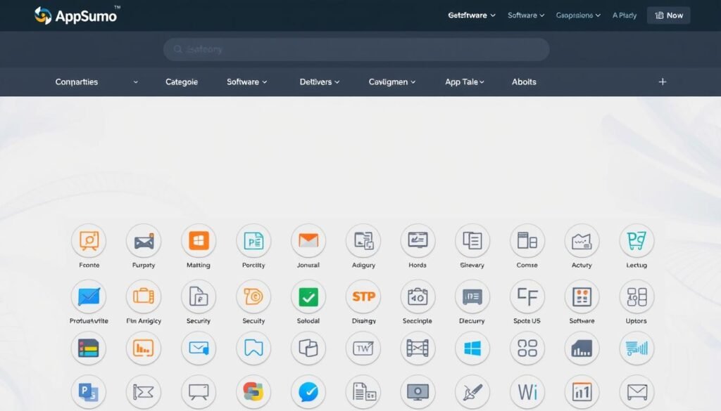 An ecommerce platform displaying a range of software category icons in a clean, modern layout. The foreground features a grid of circular icons representing different software types such as productivity, marketing, security, and development tools. The middle ground shows a minimalist white background with subtle gradient accents, while the background has a soft, desaturated texture that provides depth and a premium feel. The lighting is soft and even, creating a sense of depth and dimension. The camera angle is slightly elevated, giving an overview of the category selection. The overall mood is professional, informative, and visually appealing, reflecting the high-quality lifetime software deals available on AppSumo.