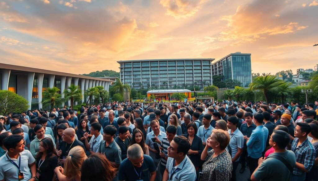 An immersive global event unfolding at Mindvalley University. In the foreground, a diverse gathering of students and luminaries engaged in deep discussions, their faces alight with the thrill of discovery. In the middle ground, sleek modern buildings and lush greenery create an inspiring backdrop, while the sky above is painted with warm golden hues, bathing the scene in an ethereal glow. The atmosphere is one of intellectual curiosity, personal growth, and a shared sense of community, radiating an air of exclusivity and prestige. Captured through the lens of a wide-angle camera, the image conveys the scale and grandeur of this unique educational experience.