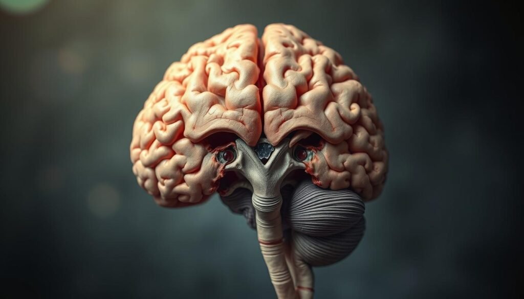 An intricate cross-section of the human brain, with a focus on the brainstem and spinal cord. The image should convey a sense of complexity and dysfunction, with subtle discoloration and inflammation visible in the affected regions. The lighting should be soft and muted, with a slightly hazy atmosphere to evoke a sense of the chronic and debilitating nature of the condition. The composition should be balanced, with a clear emphasis on the key anatomical structures, while allowing for a sense of depth and three-dimensionality. The overall mood should be pensive and contemplative, reflecting the challenges faced by those living with myalgic encephalomyelitis chronic.