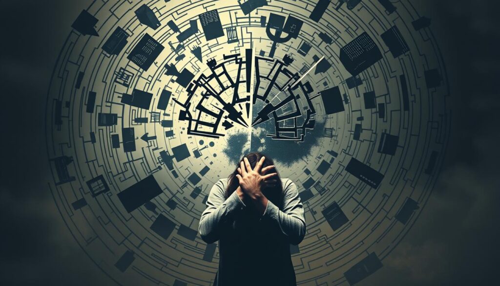 An obsessive-compulsive mind, trapped in a swirling vortex of intrusive thoughts and repetitive actions. In the foreground, a fragmented human figure clutches their head, eyes squeezed shut, overwhelmed by the cyclical nature of their compulsions. Surrounding them, a maze of geometric patterns and distorted shapes, representing the chaos and lack of control that defines the OCD experience. The middle ground is a hazy, dreamlike realm, where the lines between reality and obsession blur. In the background, a wash of muted, unsettling colors sets the tone, conveying the pervasive anxiety and unease that permeates the everyday life of someone living with OCD. Dramatic lighting casts long shadows, emphasizing the internal struggle and the sense of being trapped within one's own mind.