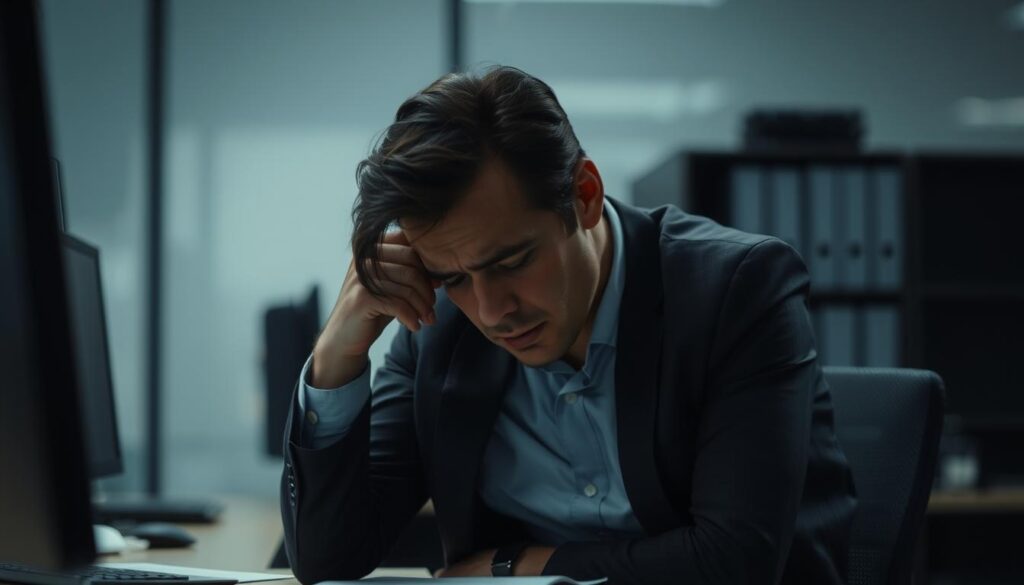 An office setting with a weary employee taking a deep breath, their shoulders slumped in exhaustion. Muted lighting casts soft shadows, creating a contemplative atmosphere. The background is blurred, emphasizing the figure in the foreground. The employee's face is partially obscured, conveying a sense of introspection. The scene evokes the challenges of dealing with persistent sighing or heavy breathing in a professional environment, capturing the employee's struggle to maintain composure and focus.