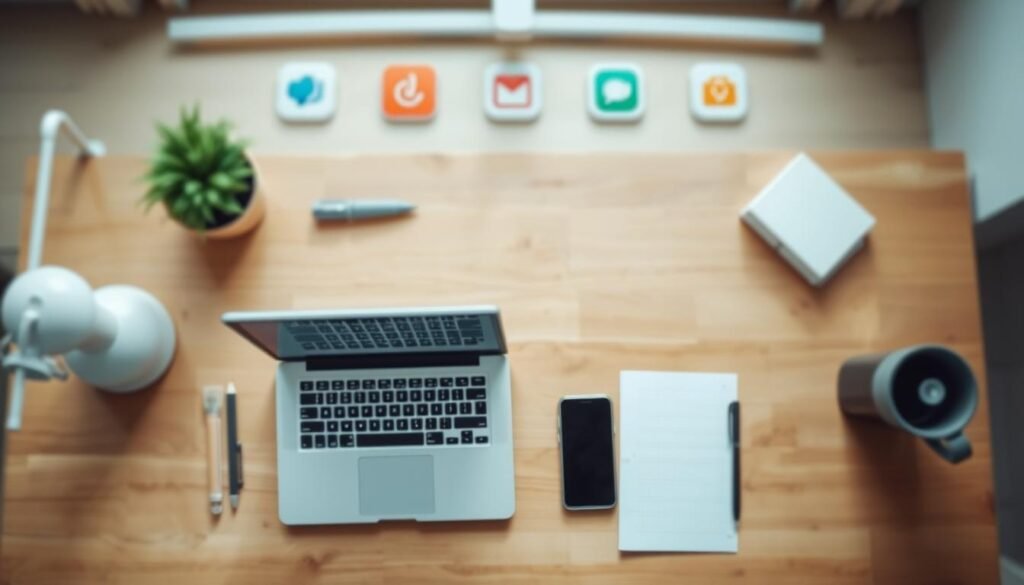 An overhead view of a minimalist, clean workspace with a laptop, a smartphone, and a few office supplies neatly arranged on a wooden desk. The workspace is bathed in soft, natural lighting, creating a calm and focused atmosphere. In the background, blurred out, are various task management app icons, representing the different tools available for effective task organization and productivity. The composition emphasizes the simplicity and user-friendliness of the Todoist task management application, with the focus on the essential elements of a productive digital work environment.