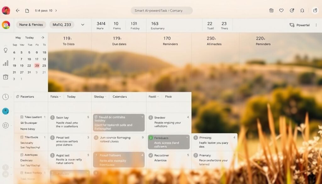 Detailed and expansive task scheduler with organized sections and intuitive interface. Prominently displayed calendar and calendar events, with task management tools like to-do lists, due dates, and reminders in the foreground. In the middle ground, smart AI-powered task recommendations and scheduling suggestions, with a clear visual hierarchy and clean, minimalist design. The background features a serene, natural landscape with soft, warm lighting that evokes focus and productivity. The overall mood is one of efficiency, organization, and control over one's tasks and time.
