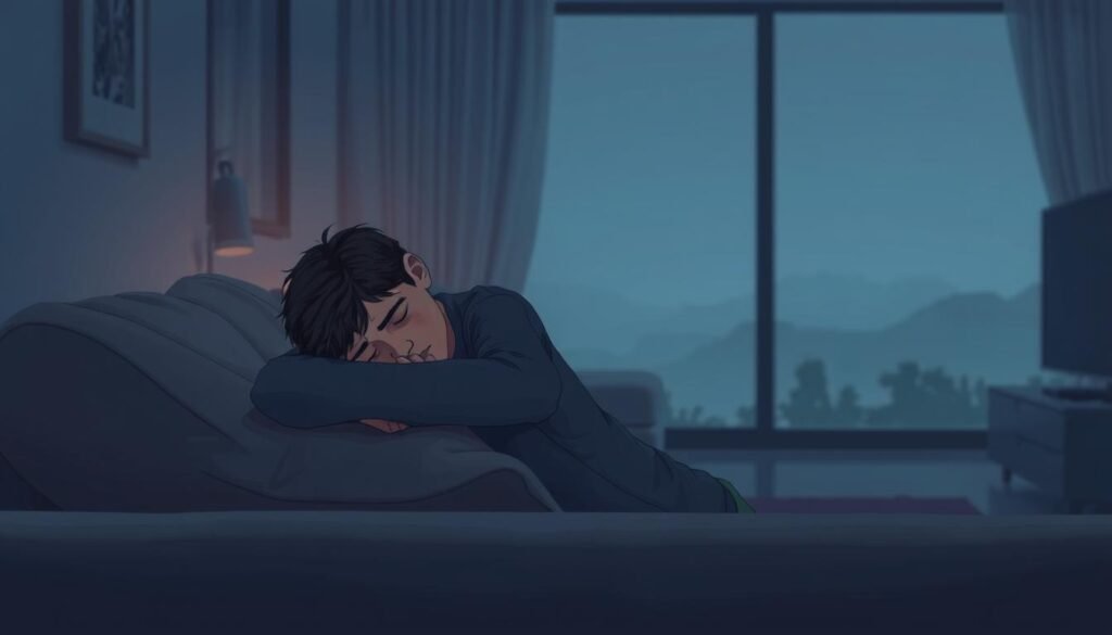 Detailed digital illustration of a person experiencing post-exertional malaise. In the foreground, a weary figure sits slumped on a couch, eyes closed and body language conveying exhaustion. The middle ground features a dimly lit, cozy living room setting with muted colors and soft lighting, creating a sense of retreat and rest. In the background, a hazy, dreamlike landscape suggests the mental and physical fatigue associated with this condition. The overall mood is one of subdued melancholy and the struggle to manage the debilitating effects of post-exertional malaise.