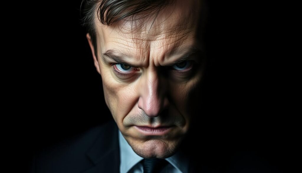 Detailed, high-contrast portrait of a person exhibiting symptoms of narcissistic personality disorder. In the foreground, a stern, intense gaze with piercing eyes and an exaggerated, haughty expression. The subject's face is perfectly symmetrical, the features sharply defined. In the middle ground, the person's posture is rigid and overbearing, their body language conveying an air of superiority and entitlement. The background is a dimly lit, shadowy setting, creating a sense of isolation and detachment. Dramatic, dramatic lighting casts dramatic shadows, highlighting the subject's pronounced features and accentuating their narcissistic traits. Overall, the image conveys a powerful, unsettling depiction of the core symptoms of narcissistic personality disorder.