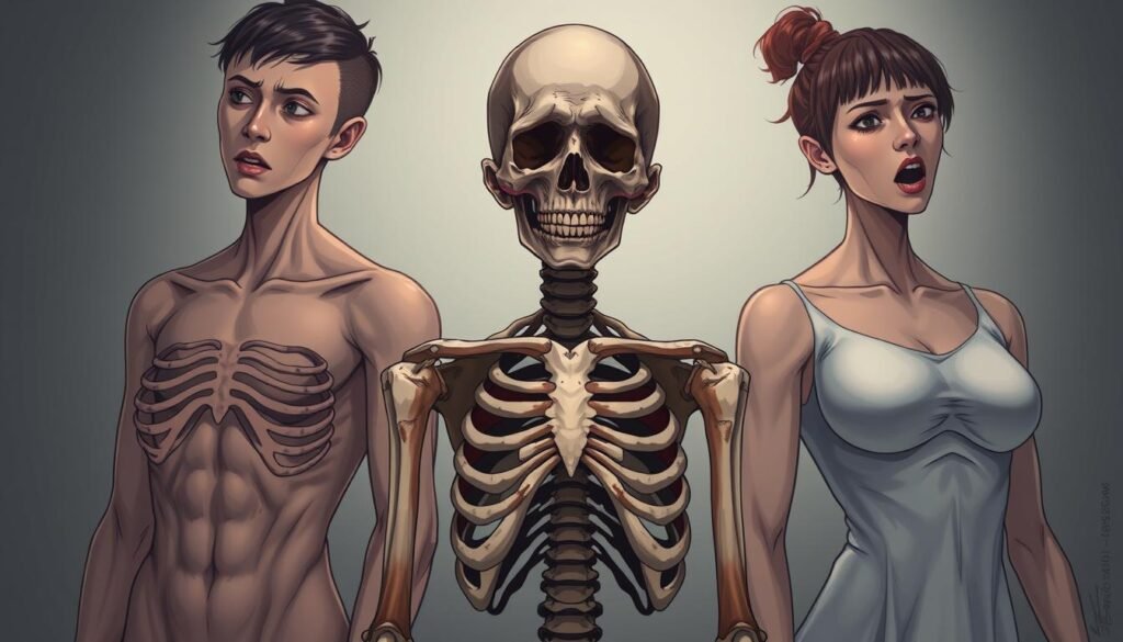 Detailed illustration of different types of eating disorders, depicted in a clinical yet empathetic manner. A central figure representing anorexia nervosa, with a skeletal frame and pained expression, flanked by bulimia nervosa and binge-eating disorder personifications. Muted color palette, soft lighting, and somber atmosphere to convey the seriousness of the subject matter. Close-up framing to emphasize the emotional and psychological impact. Compositional balance and symmetry to create a sense of order amidst the disorder. Technical mastery of anatomy, facial features, and body language to evoke a powerful, thought-provoking image.