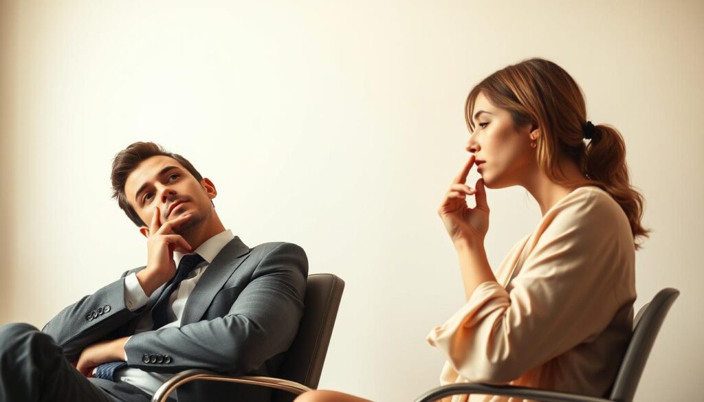 Detailed illustration of gender differences in body language, showcasing a man and a woman engaged in the characteristic gesture of chin-stroking. The man, dressed in a tailored suit, leans back in his chair, his hand thoughtfully caressing his jawline, exuding an air of contemplation and confidence. Opposite him, the woman, in a flowing blouse, inclines forward, her fingers gently tracing the contours of her chin, her expression pensive and introspective. Soft lighting casts a warm, natural glow, accentuating the nuanced differences in their postures and mannerisms. Captured in a minimalist, studio-like setting, the image aims to illustrate the subtle, yet distinct, gender-based variances in nonverbal communication.