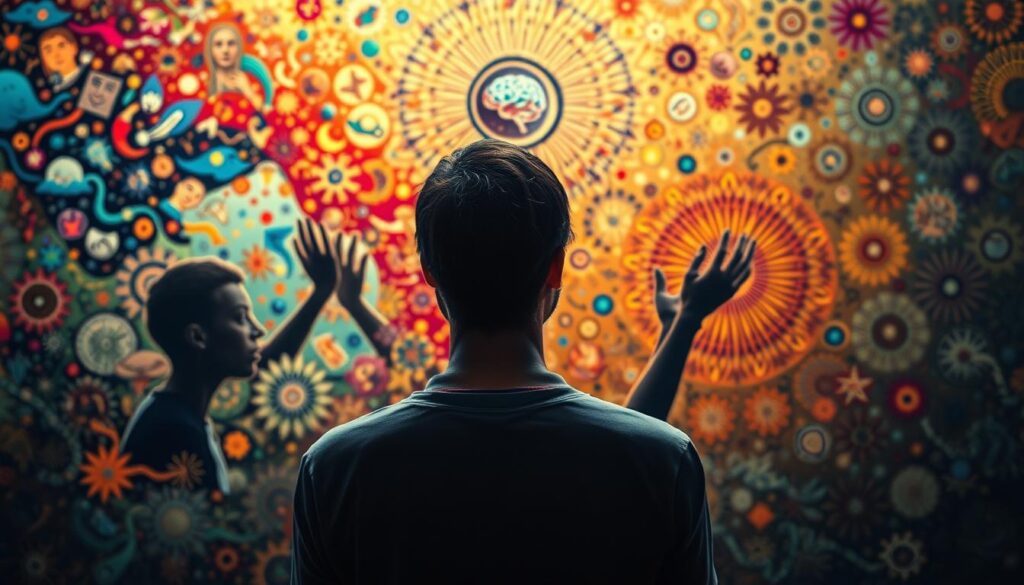 Emotional intelligence skills: a vibrant mosaic of self-awareness, empathy, and social adeptness. In the foreground, a thoughtful individual gazes inward, a cascade of vivid emotions swirling around them. In the middle ground, hands reach out in understanding, connecting with others in a delicate dance of interpersonal dynamics. The background layers intricate patterns, representing the complex neural pathways that underpin our ability to navigate the emotional landscape. Warm lighting casts a soft, reflective glow, creating an atmosphere of introspection and growth. Captured through a wide-angle lens, the composition conveys the holistic nature of emotional intelligence, a crucial skill for leaders to unlock their full potential.