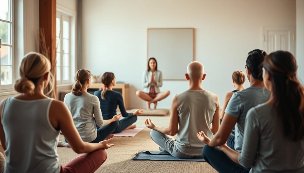 Emotional intelligence training, a serene and introspective scene. In the foreground, a group of people seated in a tranquil meditation pose, their faces reflecting a sense of calm introspection. Soft, natural lighting filters through the windows, casting a warm glow and creating a contemplative atmosphere. In the middle ground, a skilled facilitator guides the session, their gentle demeanor and open posture inviting participants to engage. The background showcases a minimalist, yet cozy space, with earthy tones and natural textures, exuding a sense of grounded wellness. The overall composition conveys the essence of emotional intelligence training - a journey of self-discovery, empathy, and personal growth.