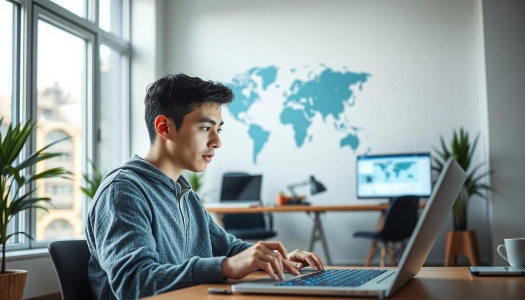 Flexible English learning platform, a sleek and intuitive digital interface. In the foreground, a student engages with interactive lessons, their face lit by the soft glow of the screen. Surrounding them, a modern, well-appointed home office, filled with natural light filtering through large windows. In the background, a world map symbolizes the global reach and accessibility of the platform. The overall atmosphere is one of productivity, engagement, and the seamless integration of technology and language education.
