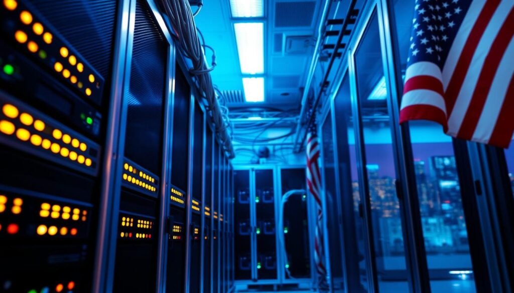 High-speed VPN servers in the USA, housed in a modern data center with sleek, silver cabinets and glowing LED indicator lights. Cables and network equipment visible, conveying a sense of technological prowess. The server room is bathed in a cool, blue-tinted lighting, creating an atmosphere of efficiency and reliability. Focusing on the servers, the perspective is from a low angle, emphasizing their powerful, imposing presence. In the background, glimpses of the American flag and a cityscape skyline, representing the servers' strategic location within the USA. The overall impression is one of a secure, high-performance VPN infrastructure, ready to provide fast and dependable internet connectivity.