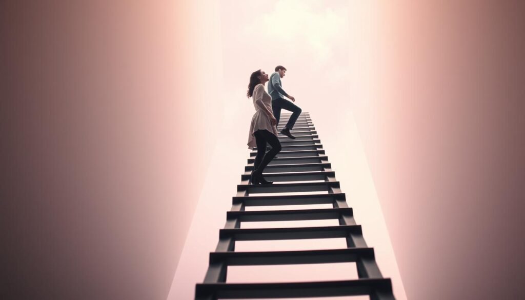Ladder theory relationships: A metaphorical staircase ascending from casual encounters to deep intimacy. In the foreground, two figures climb the steps, their body language and facial expressions conveying the emotional journey. The middle ground showcases the rungs of the ladder, each representing a stage of connection - from initial attraction to lasting commitment. The background fades into a dreamlike, pastel-hued environment, evoking the aspirational nature of this relationship model. Soft, diffused lighting casts a warm, introspective glow, while a slightly low camera angle emphasizes the sense of ascent and growth. The overall mood is one of hopeful, yet thoughtful, exploration of the complexities of human connection.