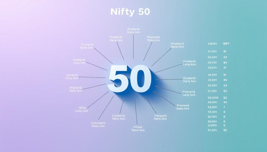 Nifty 50 index composition, a vibrant and diversified snapshot of India's top 50 publicly traded companies. A sleek, high-resolution financial diagram showcasing the sector breakdown, market capitalization, and relative weightings of the index components. Rendered in a clean, minimalist style with a subtle gradient background, the image conveys a sense of stability and professionalism. Crisp, evenly distributed lighting illuminates the carefully arranged graphical elements, creating depth and clarity. The overall aesthetic is both informative and visually striking, suitable for an article exploring the Nifty 50 index and its significance in the Indian stock market.