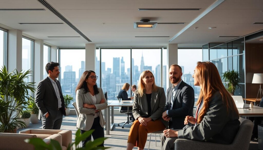 Prompt A serene office environment, filled with natural light and modern furnishings. In the foreground, a group of colleagues engaged in a thoughtful discussion, their expressions reflecting empathy and understanding. The middle ground showcases a collaborative workspace, where colleagues work together harmoniously. In the background, a large window overlooking a bustling city skyline, symbolizing the interconnectedness of the corporate world. The overall atmosphere is one of emotional intelligence, where professionals navigate workplace dynamics with emotional awareness and interpersonal skills.