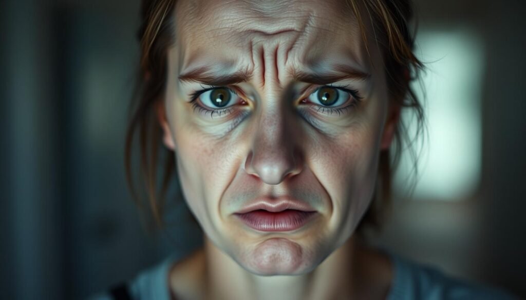 Realistic portrait of a person experiencing silent panic symptoms. The subject's face is pale, with a tense, worried expression. Their eyes are wide open, brow furrowed, and lips slightly parted, conveying a sense of inner turmoil. The lighting is soft and diffused, creating a contemplative, introspective mood. The background is blurred, keeping the focus on the subject's facial features and subtle physiological cues. The composition is tight, framing the face and upper body, emphasizing the intense, internal experience of the silent anxiety attack.