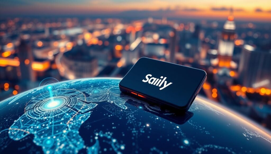 Saily eSIM global coverage: A high-resolution, wide-angle landscape showcasing the worldwide reach of Saily's mobile network. In the foreground, a detailed map of the globe illuminates with pulsing signals, representing seamless connectivity across continents. The middle ground features a sleek, modern mobile device with a prominent Saily logo, subtly hinting at the device's eSIM capabilities. The background is a softly blurred cityscape, conveying a sense of urban sophistication and technological prowess. The overall scene is bathed in a warm, vibrant color palette, evoking a feeling of reliability and global accessibility.