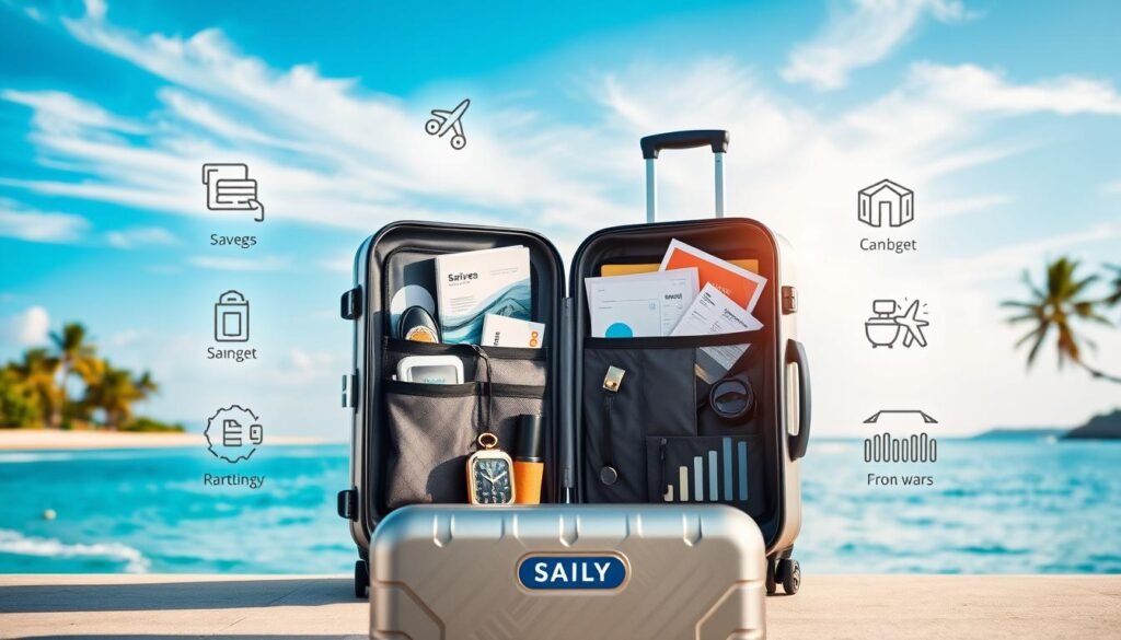 Serene coastal landscape with a pristine beach, swaying palm trees, and a vibrant blue sky. In the foreground, a sleek, modern suitcase with the "Saily" logo stands open, displaying various travel accessories and financial documents. Surrounding the suitcase, infographic-style icons and charts depict savings, budget tracking, and currency conversion tools. The overall scene conveys a sense of effortless travel planning and financial control, with a focus on the convenience and cost-effectiveness of Saily's travel-oriented services.