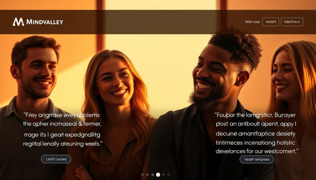 Vibrant and emotive user testimonials on a sleek, minimalist platform for personal development. Warm lighting illuminates genuine smiles and thoughtful expressions, capturing the transformative power of Mindvalley's immersive courses. A serene, contemplative atmosphere pervades the scene, inviting the viewer to envision their own journey of self-discovery. Elegant typography and clean design elements frame the heartfelt experiences, emphasizing the program's user-centric approach. Soft, natural tones and a touch of modern sophistication convey the brand's commitment to holistic growth. The overall composition strikes a balance between professionalism and personal connection, reflecting the platform's ability to empower individuals from all walks of life.