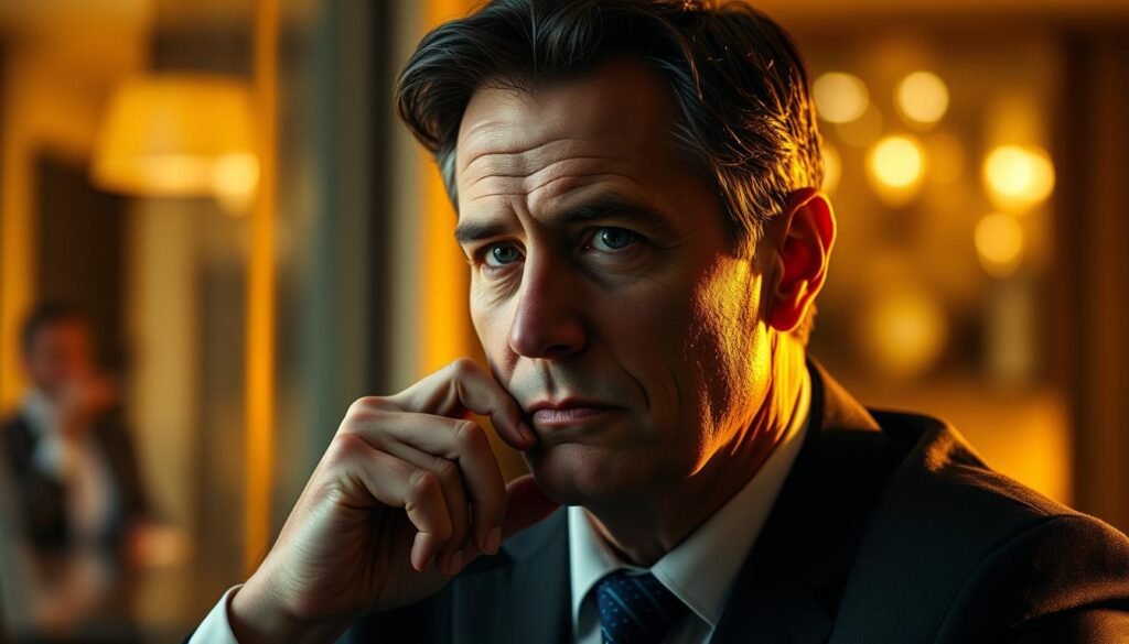 a detailed, cinematic portrait of a business leader demonstrating emotional intelligence and strong leadership qualities. the subject is shown in a thoughtful, contemplative pose, perhaps gazing out a window or meeting the viewer's gaze with a calm, assured expression. the lighting is warm and dramatic, casting deep shadows and highlights on the subject's face, conveying a sense of depth and dimension. the background is blurred, but suggests an elegant, professional setting - perhaps an office, conference room, or other corporate environment. the overall mood is one of confidence, wisdom, and a nuanced understanding of both the logical and emotional aspects of effective leadership.