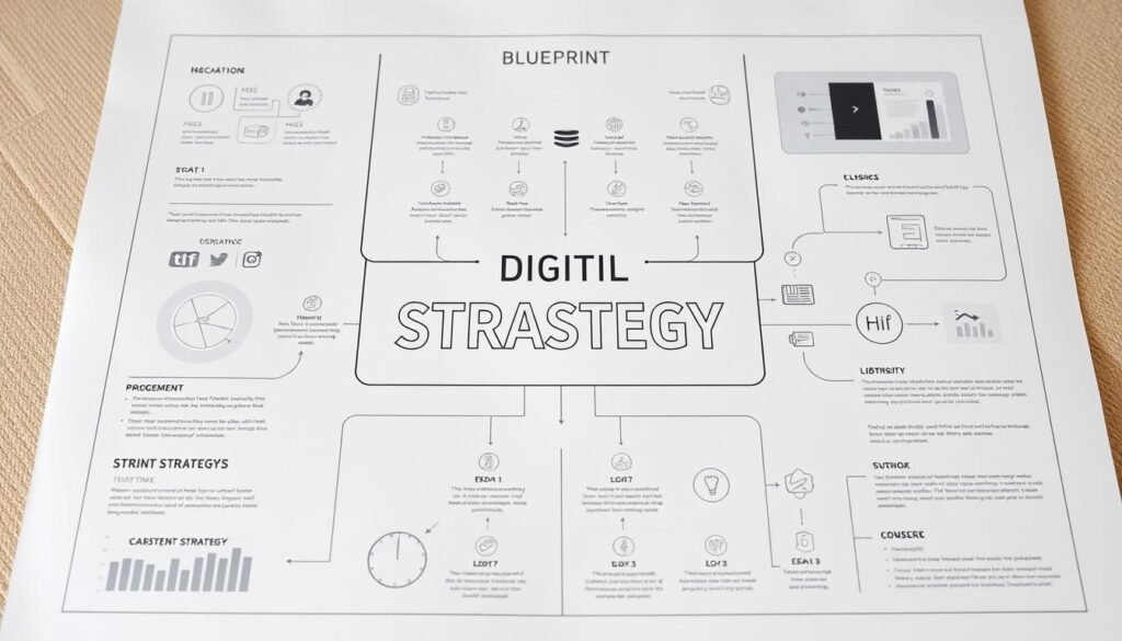 a detailed digital strategy blueprint with icons, diagrams, and infographic elements, featuring a clean, minimalist aesthetic with neutral colors and high contrast. the composition should have a central focus on the strategy with supporting elements arranged in a visually balanced layout. the lighting should be soft and diffused, creating an airy, contemplative atmosphere. the camera angle should be a slightly elevated perspective to convey a sense of authority and thoughtfulness. the overall mood should be one of clarity, organization, and strategic planning.