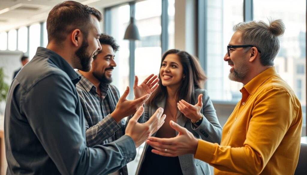 a focused, high-resolution, photorealistic image of a group of people engaged in lively conversation, each person gesturing expressively with their hands and making eye contact, conveying a sense of open, dynamic communication and connection; the scene is set in a modern, bright office environment with floor-to-ceiling windows allowing natural light to flood the space; the color palette is vibrant and warm, emphasizing the energy and positivity of the exchange; the composition draws the viewer's attention to the central figures, with the background providing context and creating a sense of depth; the overall tone is one of productive, constructive dialogue and collaboration.