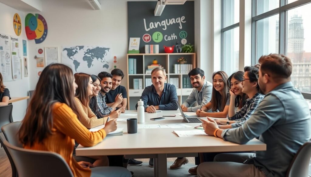 a group of diverse students sitting around a table in a well-lit, modern classroom setting, engaged in a lively language learning session with an experienced tutor. The students are of various ages and ethnicities, leaning in and actively participating, their expressions animated. The tutor stands at the head of the table, gesturing and guiding the discussion. The room is airy and spacious, with large windows letting in natural light. The walls are adorned with language-themed artwork and learning materials. An atmosphere of focus, collaboration, and cultural exchange pervades the scene.