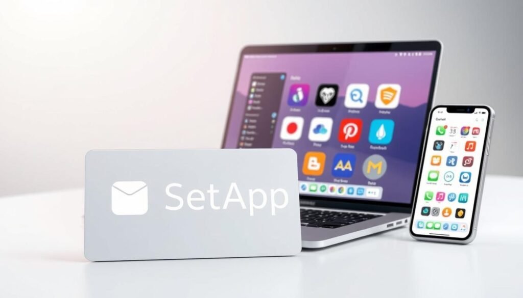 a high-quality digital illustration of a SetApp subscription for Mac and iOS apps, showcased on a sleek, modern laptop and a stylish smartphone. The foreground features the SetApp logo prominently displayed, with a clean, minimalist design. The middle ground depicts various app icons representing the diverse range of software available through the SetApp subscription, arranged in an appealing grid layout. The background subtly fades into a soft, neutral color palette, creating a serene and professional atmosphere. The lighting is soft and diffused, accentuating the premium, high-tech aesthetic. The camera angle is slightly elevated, giving the viewer a comprehensive overview of the SetApp subscription offering.