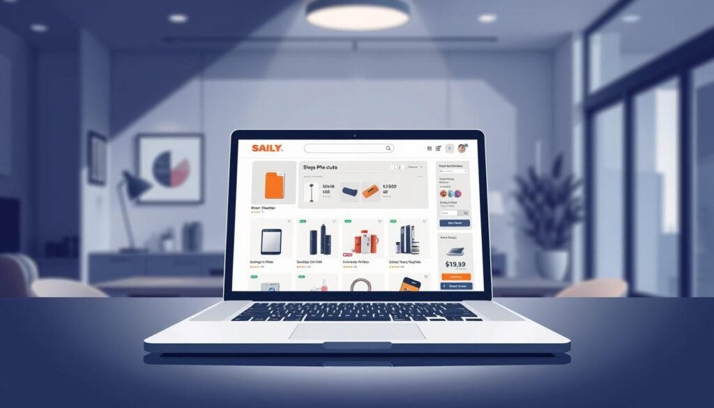 a high-quality digital illustration of a modern and sleek online shopping platform for Saily products, featuring a clean and minimalist user interface with product images, pricing, and branding elements. The scene showcases a laptop or tablet display in a well-lit, contemporary office or home setting, with subtle shadows and highlights to create depth and realism. The composition should draw the viewer's attention to the online shopping experience, conveying a sense of accessibility, convenience, and the best prices and discounts available for Saily products in the United States.