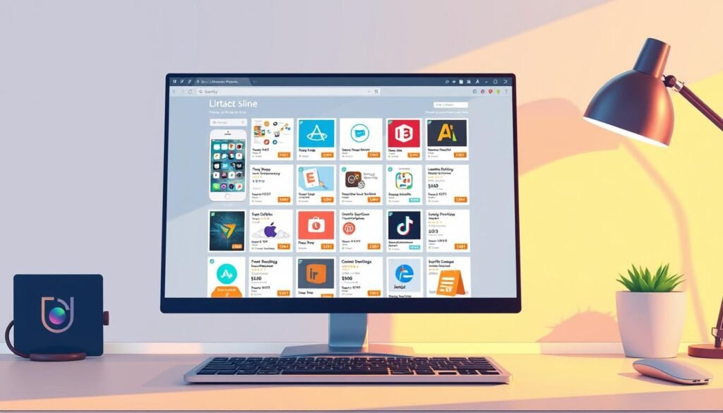 a highly detailed digital illustration of a computer screen or laptop display showing an assortment of lifetime software deals and discounts, with a clean and minimalist user interface design. the screen displays a grid of app icons and product thumbnails with discounted pricing, creating a visually appealing and informative composition. the overall scene has a warm, modern lighting setup that enhances the legibility and visual appeal of the software deals. the background is a simple, uncluttered environment that places the focus on the digital display, creating a professional and high-quality appearance suitable for an editorial illustration.