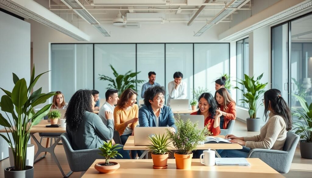 a serene and inclusive office environment, with colleagues from diverse backgrounds engaged in collaborative work, fostering a sense of community and mutual understanding. the scene depicts a well-lit, modern workspace with minimalist furnishings and natural elements like potted plants, creating a calming atmosphere. the employees are positioned in small groups, engaged in animated discussions, their body language suggesting open and welcoming interactions. the overall tone is one of professionalism, positivity, and a shared commitment to the company's goals, reflecting the principle of "inclusion in the workplace".